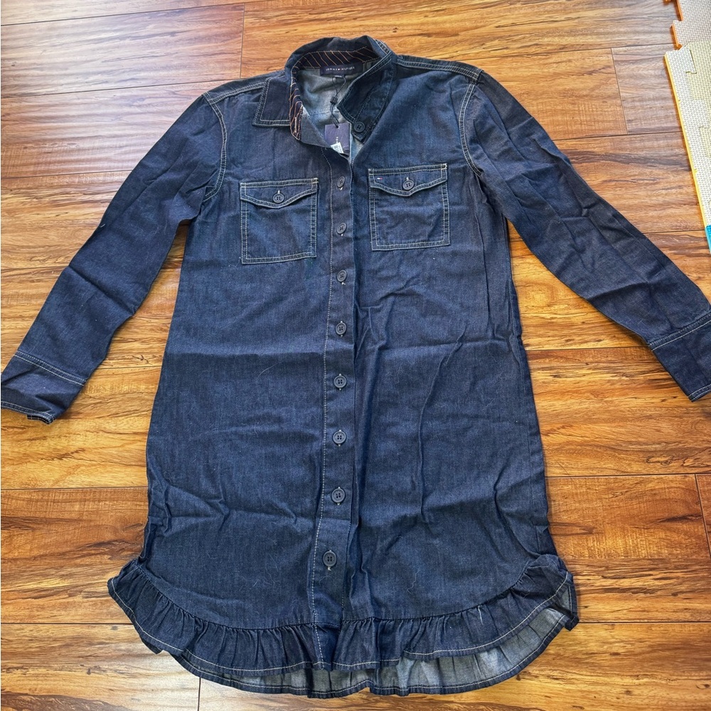 NWT TOMMY HILFIGER Dark Blue Denim Shirt Button Down Ruffle Hem Dress Size 8 - Picture 4 of 7